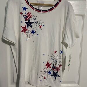 Alfred Dunner White Short Sleeve Tee with Red & Blue Stars and Flags
